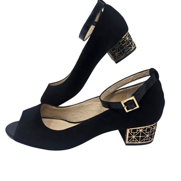 Louise Et Cie Black Suede Peep Toe Heels With Geometric Gold Block Heel Design S - Picture 1 of 7